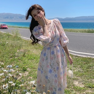 RM6122#大码女装韩版复古温柔V领碎花连衣裙胖mm休闲气质连衣裙