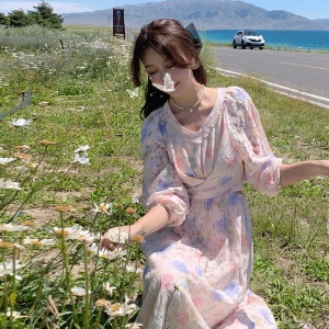 RM6122#大码女装韩版复古温柔V领碎花连衣裙胖mm休闲气质连衣裙