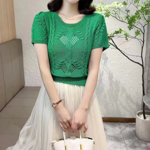 RM5117#夏季新款韩版气质优雅圆领泡泡袖毛针织衫镂空短袖上衣女