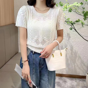 RM5117#夏季新款韩版气质优雅圆领泡泡袖毛针织衫镂空短袖上衣女