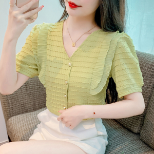 RM5609#夏季新甜美减龄荷叶边遮肚子气质法式V领短袖上衣