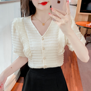 RM5609#夏季新甜美减龄荷叶边遮肚子气质法式V领短袖上衣