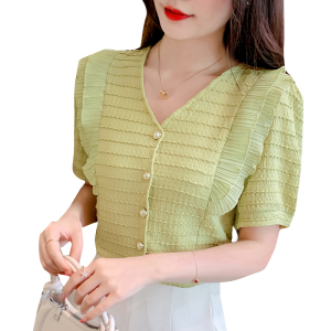 RM5609#夏季新甜美减龄荷叶边遮肚子气质法式V领短袖上衣