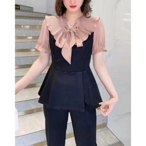 RM5712#时尚荷叶边套装女2023夏季新款法式飘带领大码女装