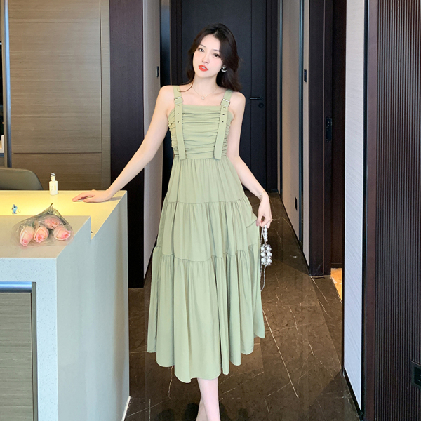 RM6870#夏季新款韩版小众设计感工装风背带纯色度假连衣裙长裙