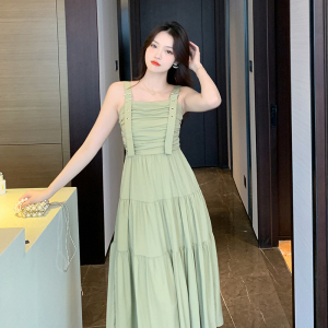 RM6870#夏季新款韩版小众设计感工装风背带纯色度假连衣裙长裙