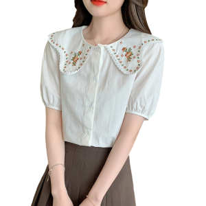 TR19265# 夏季新款设计感小众甜美法式刺绣娃娃领减龄短袖衬衫 服装批发女装服饰货源