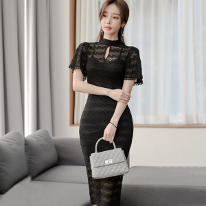 RM5184#新款韩版时尚气质优雅显瘦黑色蕾丝礼服中长连衣裙
