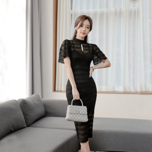 TR19676# 夏新款韩版时尚气质优雅显瘦黑色蕾丝礼服中长连衣裙 服装批发女装服饰货源