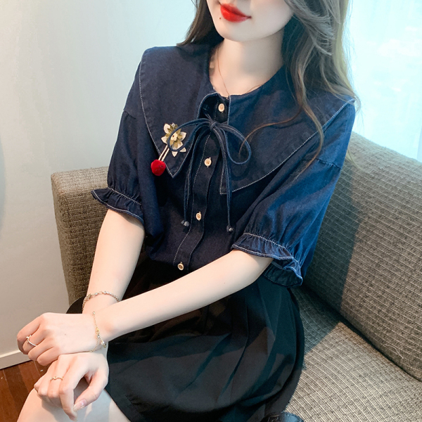 RM6350#夏季新款韩版森系娃娃领花朵装饰牛仔百搭显瘦短袖衬衫