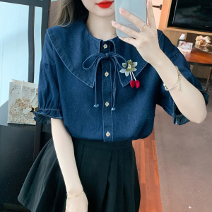 RM6350#夏季新款韩版森系娃娃领花朵装饰牛仔百搭显瘦短袖衬衫