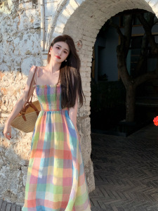 TR21026# 南法彩色格子亚麻连衣裙