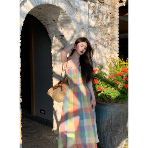 TR21026# 南法彩色格子亚麻连衣裙