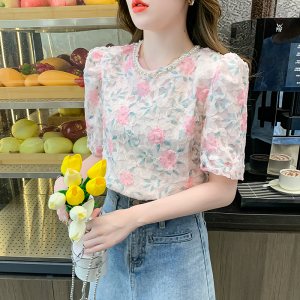 RM6514#夏新款甜美蕾丝花朵印花短袖上衣复古钉珠泡泡袖衬衫