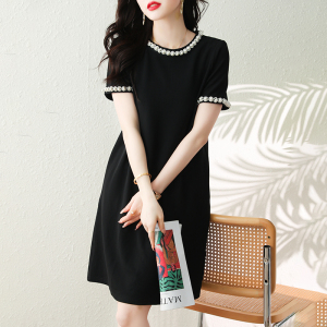 TR24911# 夏季新款优雅圆领宽松手工钉珠花朵小黑裙连衣裙