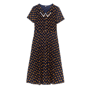 RM19358#夏季新款短袖连衣裙娃娃领妈妈装修身A字裙名媛风