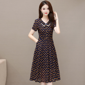 RM19358#夏季新款短袖连衣裙娃娃领妈妈装修身A字裙名媛风