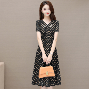 RM19358#夏季新款短袖连衣裙娃娃领妈妈装修身A字裙名媛风