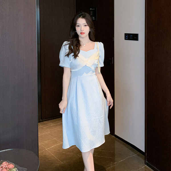 RM12682#新款夏季高级感设计初恋长裙子方领气质收腰仙女连衣裙