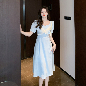 RM12682#新款夏季高级感设计初恋长裙子方领气质收腰仙女连衣裙