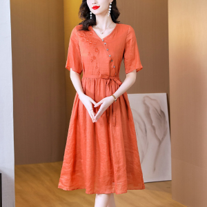 RM7996#新款女装高端刺绣V领超修身棉麻长裙子