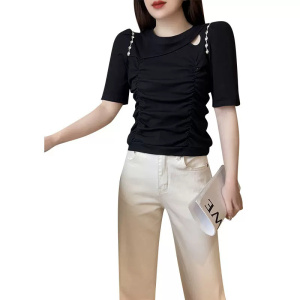 TR18953# 法式圆领镂空钉珠收腰设计感五分袖T恤女欧洲站夏季新款潮