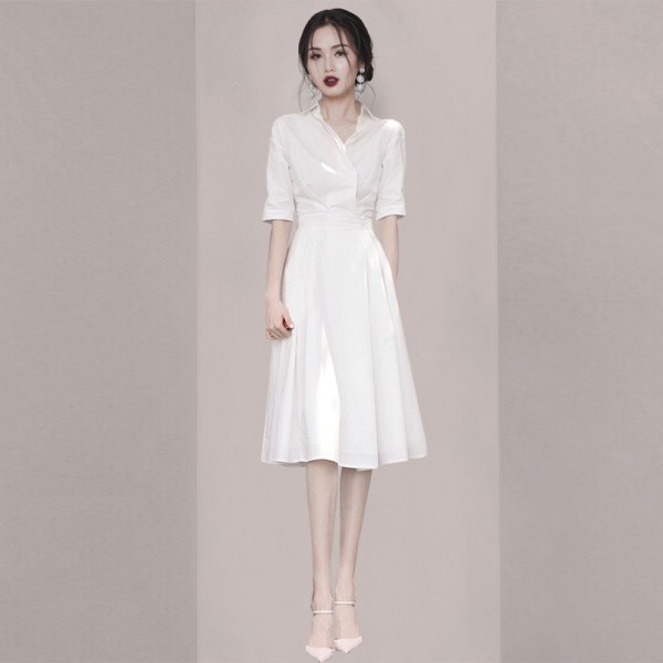 RM5408#新款修身显瘦名媛白色衬衫连衣裙
