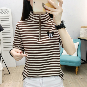 RM5948#夏装韩版条纹大码女显瘦胖妹妹女拉链立领200斤宽松t恤