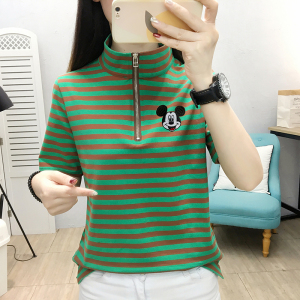 RM5948#夏装韩版条纹大码女显瘦胖妹妹女拉链立领200斤宽松t恤