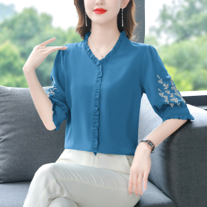 RM6101#新款妈妈装夏季缎面洋气小衫高端刺绣中袖雪纺衫时尚上衣打底