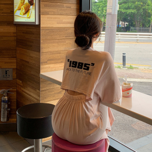 TR19008# 韩风夏季新款韩版印花露背连衣裙女短袖