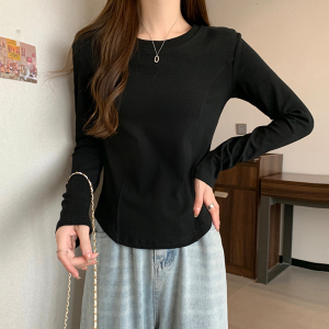 RM5579#正肩短款长袖t恤女春秋新款别致设计感小众韩版鱼骨纹打底衫