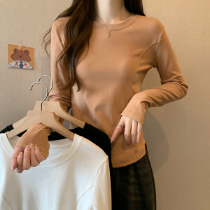 RM5579#正肩短款长袖t恤女春秋新款别致设计感小众韩版鱼骨纹打底衫