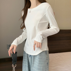 RM5579#正肩短款长袖t恤女春秋新款别致设计感小众韩版鱼骨纹打底衫