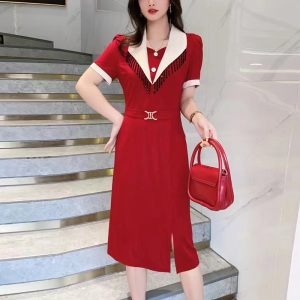 TR24718# 好质量时尚西装领连衣裙夏季新款洋气减龄短袖裙子