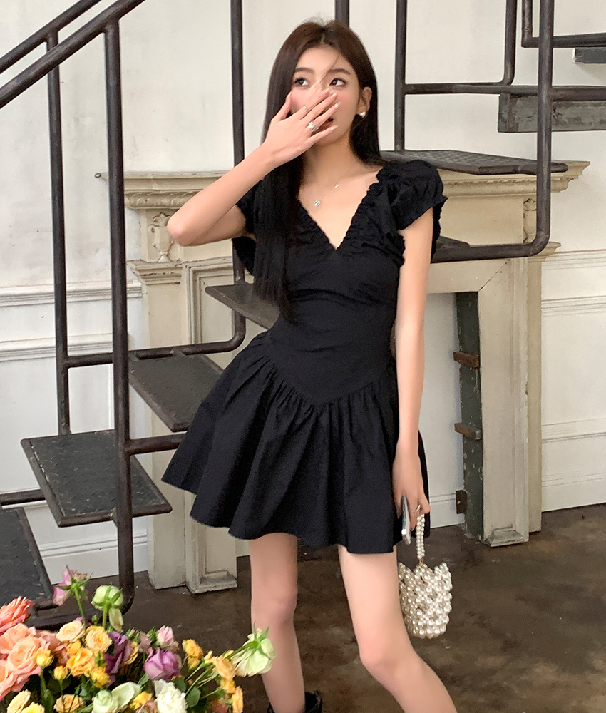 實拍2023春夏新款法式連衣裙女褶皺收腰顯瘦甜美仙女公主裙