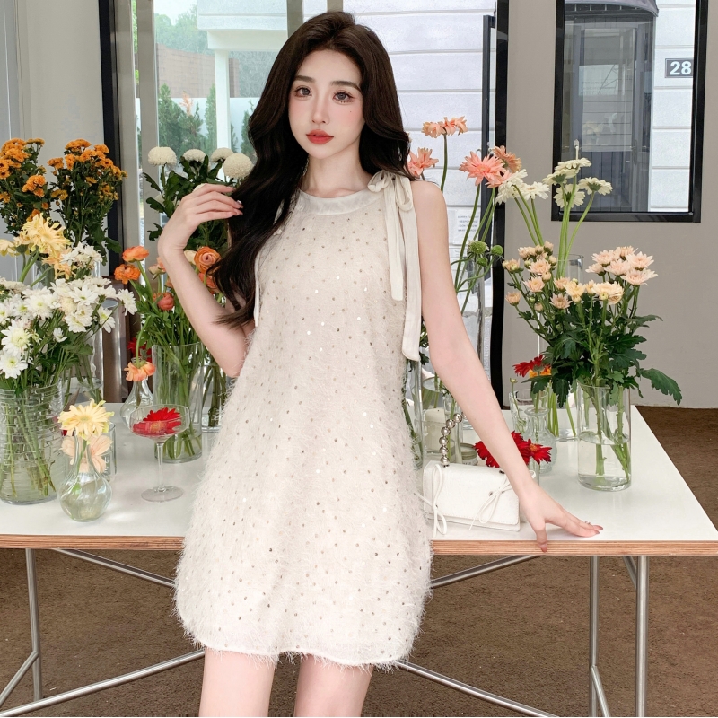 實拍甜美溫柔風蝴蝶結吊帶重工連衣裙