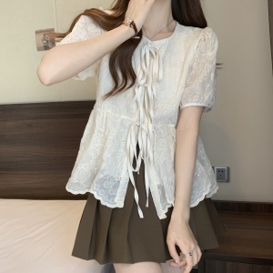 RM17822#温柔系韩系蝴蝶结衬衫女夏季法式泡泡袖娃娃衫短款上衣设计感小众