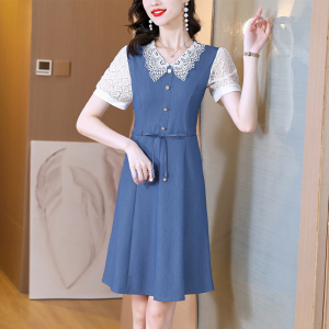 RM5744#夏季新款短袖牛仔娃娃领连衣裙中长款