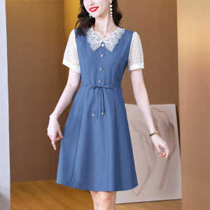 RM5744#夏季新款短袖牛仔娃娃领连衣裙中长款