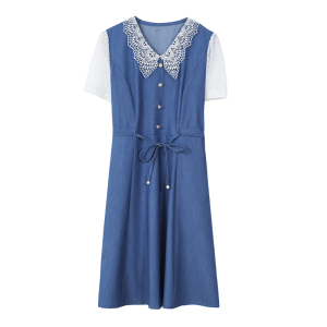 RM5744#夏季新款短袖牛仔娃娃领连衣裙中长款