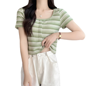 RM16995#夏季新款小清新条纹排扣方领开衫百搭显瘦T恤上衣女