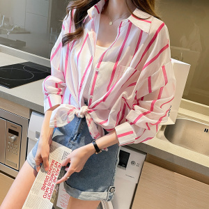RM5920#粉色条纹雪纺防晒衣女夏季薄款空调衫外搭设计感小众开衫衬衫外套