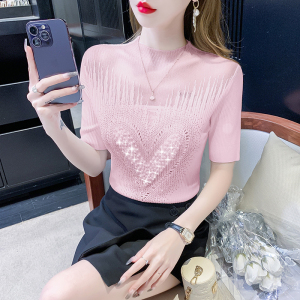 RM10959#重工珍珠设计感针织衫薄款夏季短袖修身显瘦纯色T恤甜美