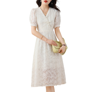 RM11229#新中式复古连衣裙女夏2023设计感收腰大裙摆温柔长裙