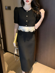 RM5860#夏季新款泡泡袖蕾丝拼接短袖上衣+显瘦开叉中长裙两件套
