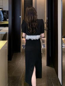 RM5860#夏季新款泡泡袖蕾丝拼接短袖上衣+显瘦开叉中长裙两件套