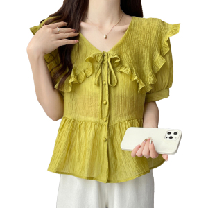 RM5365#胖MM夏季新款娃娃领短袖上衣设计感小众显瘦遮肚子雪纺衬衣女