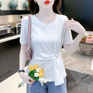 TR20255# 夏季新款韩版圆领收腰纯色个性百搭时尚显瘦T恤 服装批发女装服饰货源