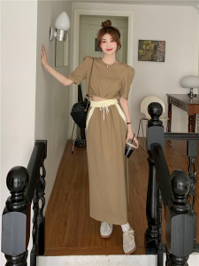 RM14576#休闲时尚套2023夏季新款短袖泡泡袖上衣高腰半身裙减龄两件套